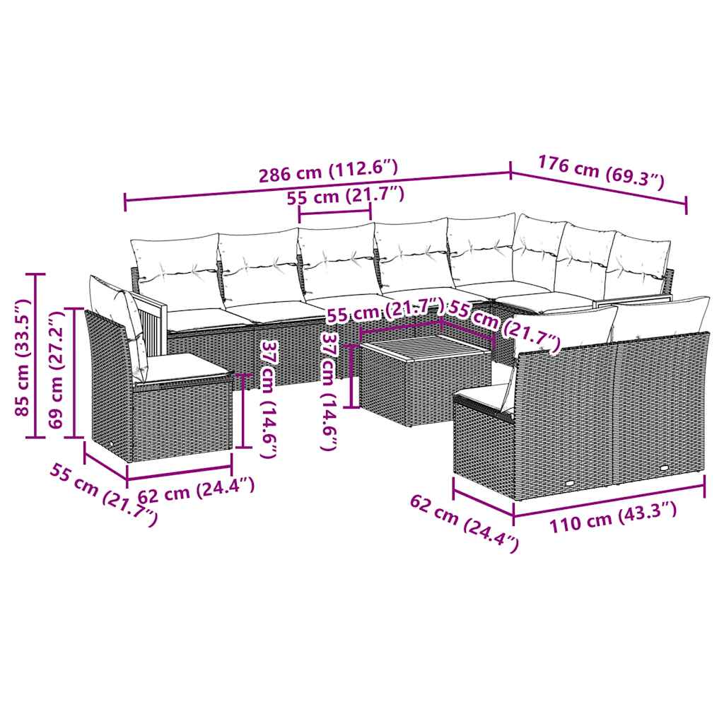 11-tlg. Garten-Sofagarnitur mit Kissen Schwarz Poly Rattan