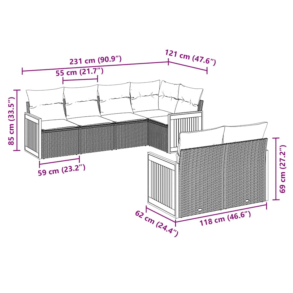 7-tlg. Garten-Sofagarnitur mit Kissen Schwarz Poly Rattan