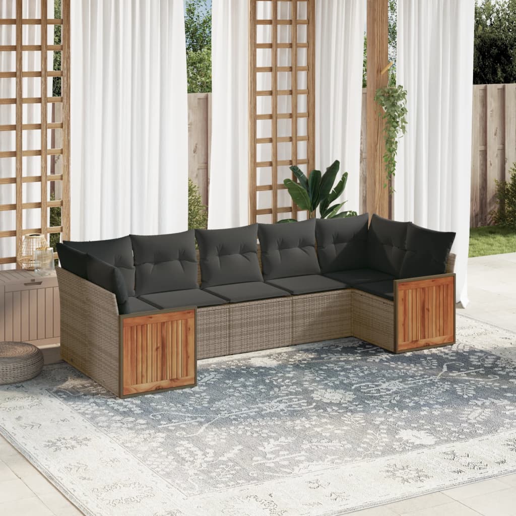 7-tlg. Garten-Sofagarnitur mit Kissen Grau Poly Rattan