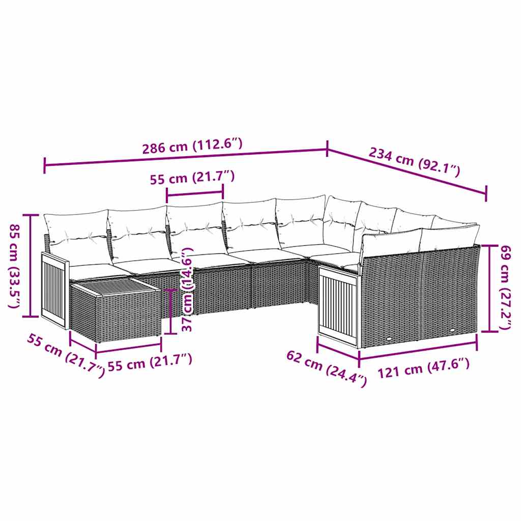 10-tlg. Garten-Sofagarnitur mit Kissen Schwarz Poly Rattan