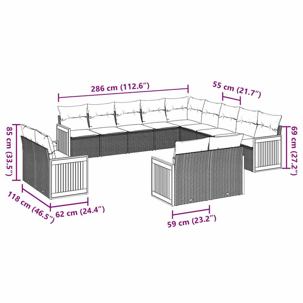 13-tlg. Garten-Sofagarnitur mit Kissen Schwarz Poly Rattan