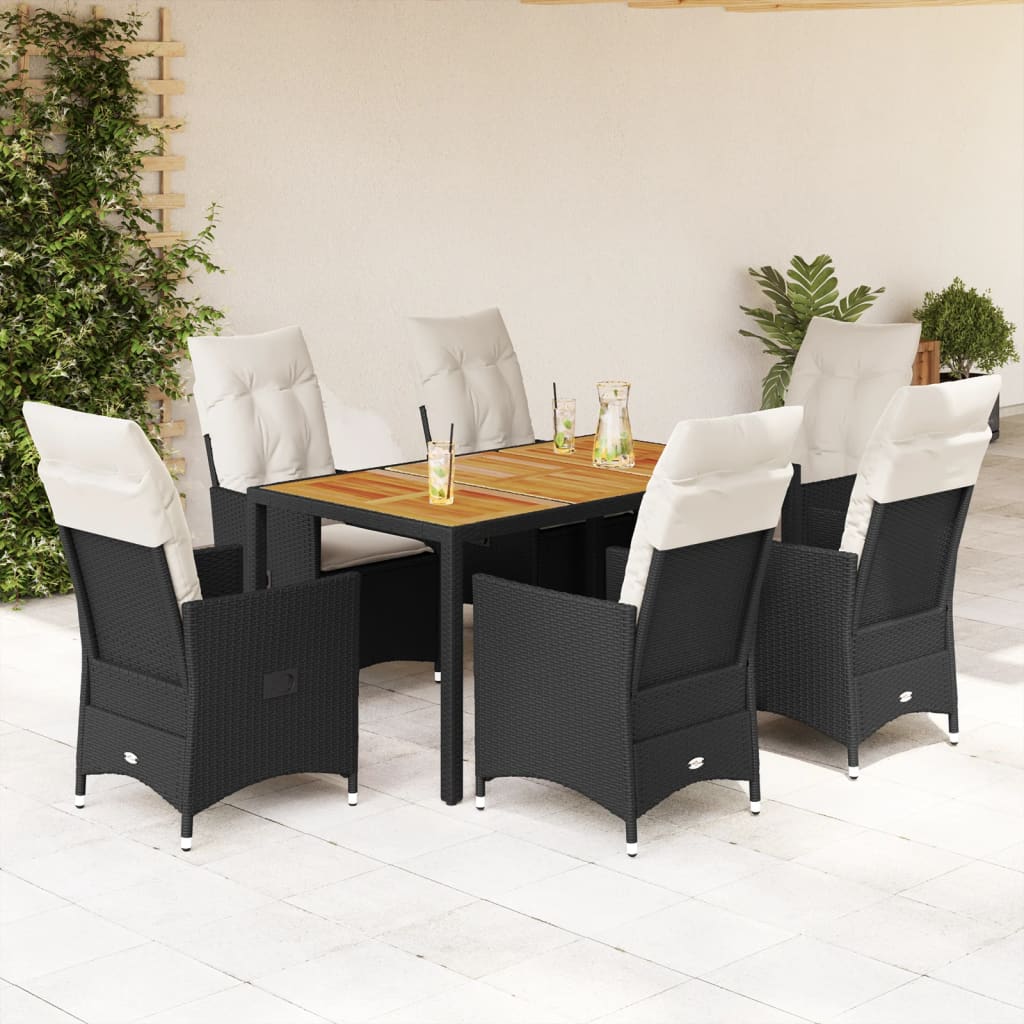 7-tlg. Garten-Essgruppe mit Kissen Schwarz Poly Rattan