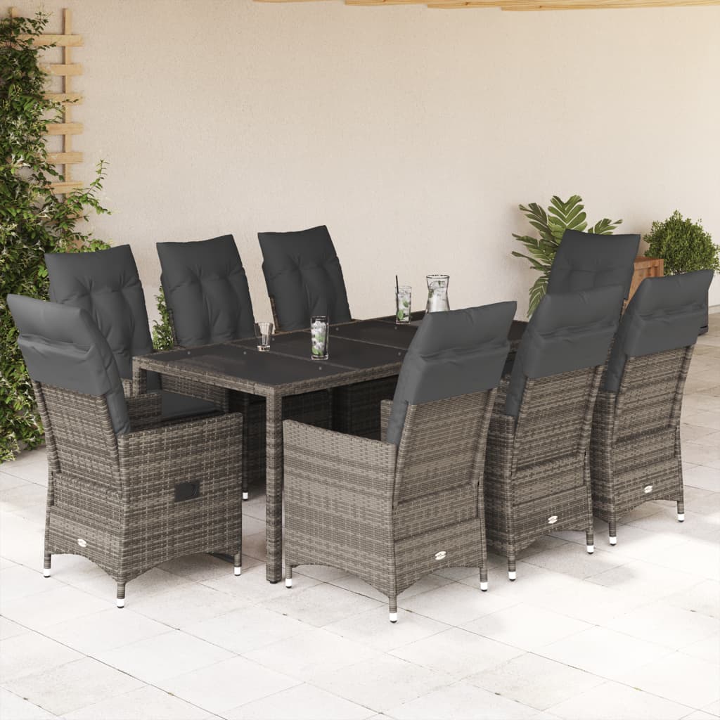 9-tlg. Garten-Essgruppe mit Kissen Grau Poly Rattan