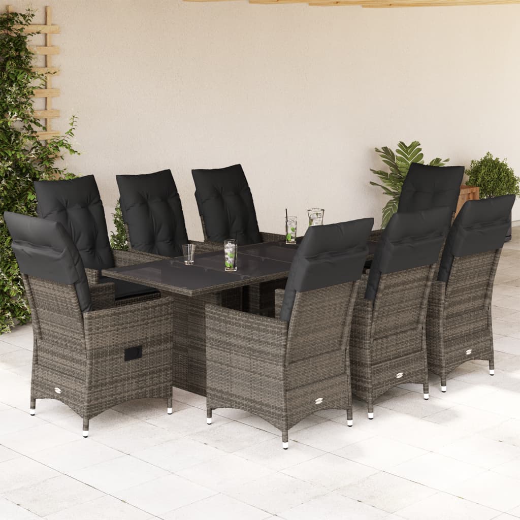 9-tlg. Garten-Essgruppe mit Kissen Grau Poly Rattan
