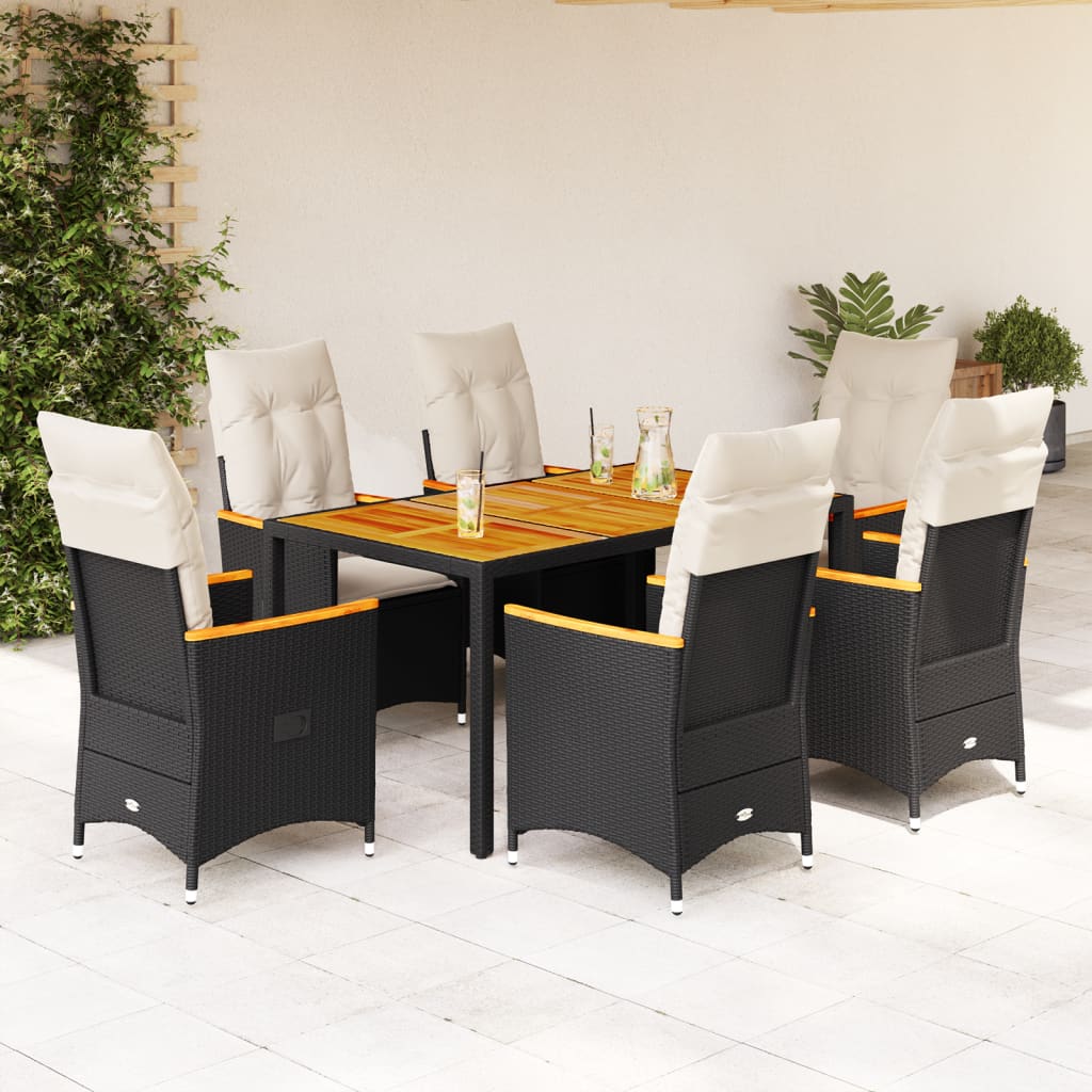 7-tlg. Garten-Essgruppe mit Kissen Schwarz Poly Rattan