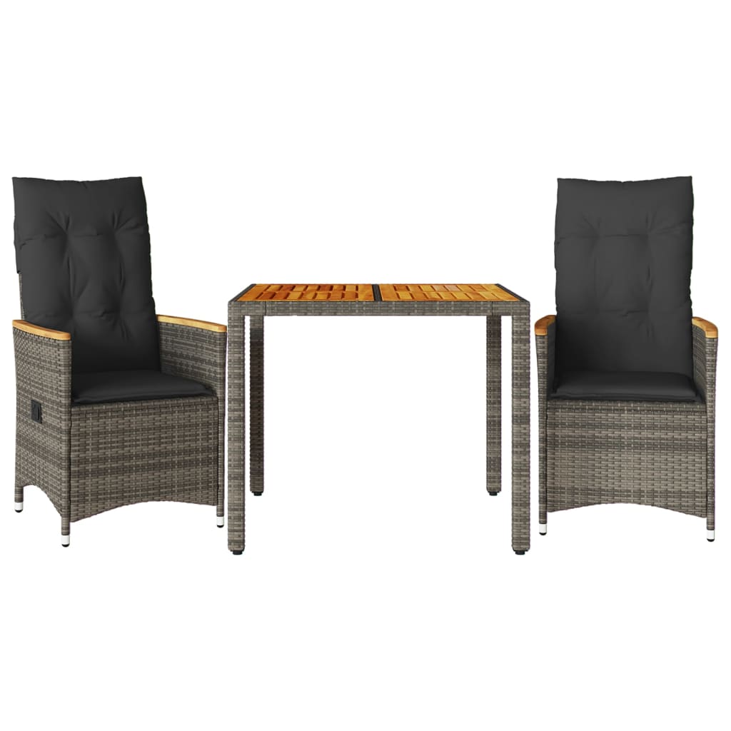 3-tlg. Bistro-Set mit Kissen Grau Poly Rattan