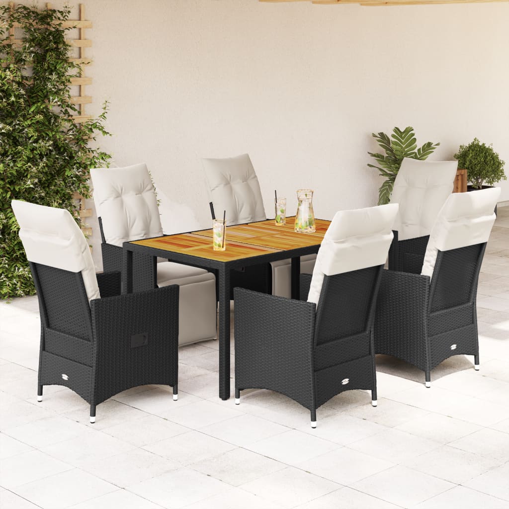 7-tlg. Garten-Essgruppe mit Kissen Schwarz Poly Rattan
