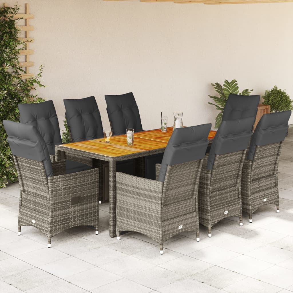 9-tlg. Garten-Bistro-Set mit Kissen Grau Poly Rattan