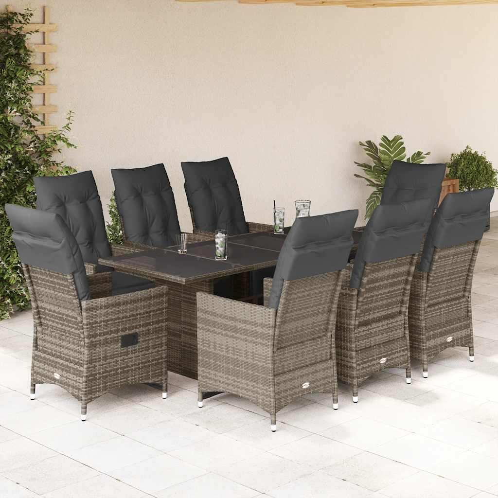 9-tlg. Garten-Bistro-Set mit Kissen Grau Poly Rattan