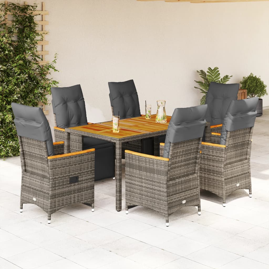 7-tlg. Garten-Bistro-Set mit Kissen Grau Poly Rattan
