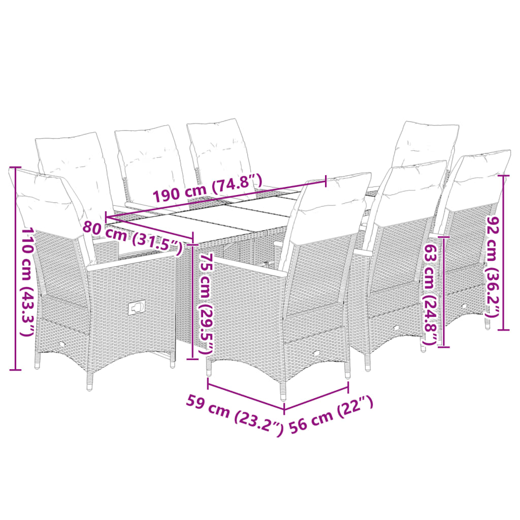 9-tlg. Garten-Bistro-Set mit Kissen Grau Poly Rattan