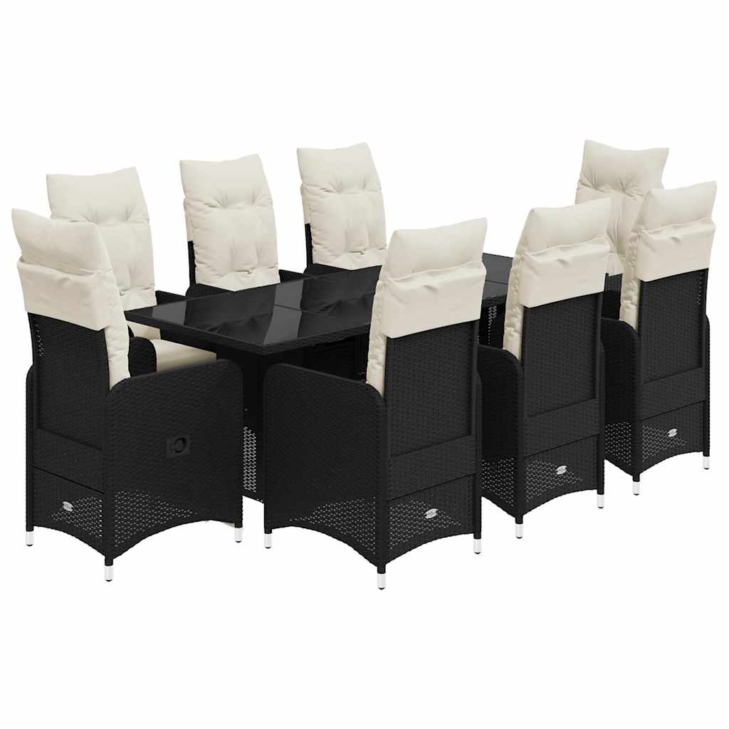 9-tlg. Garten-Bistro-Set mit Kissen Schwarz Poly Rattan