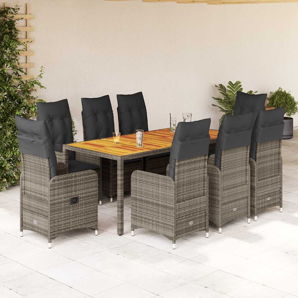 9-tlg. Garten-Bistro-Set mit Kissen Grau Poly Rattan