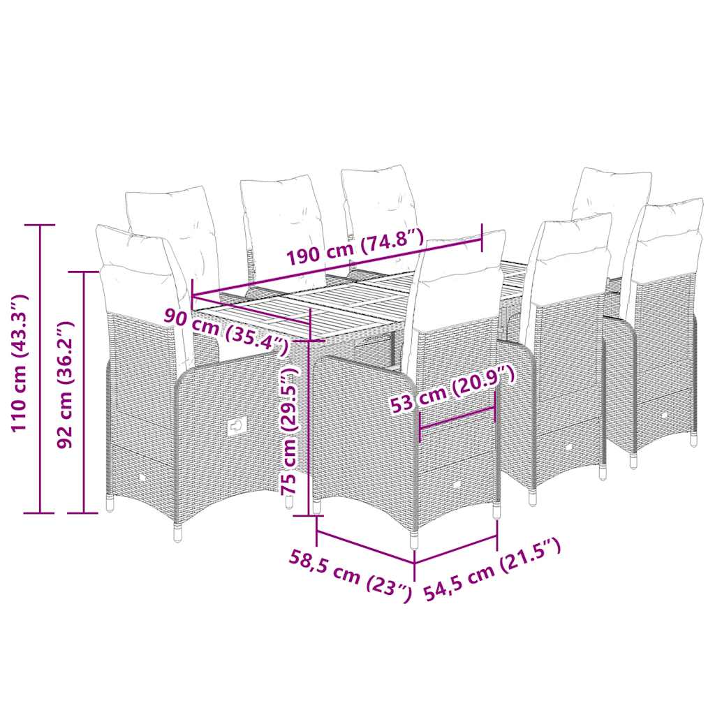 9-tlg. Garten-Bistro-Set mit Kissen Grau Poly Rattan