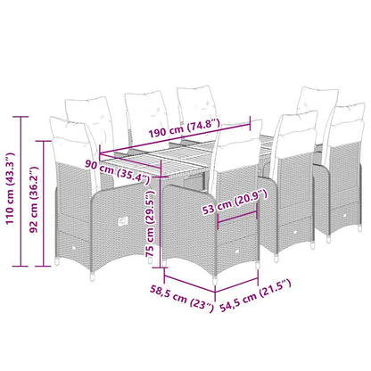 9-tlg. Garten-Bistro-Set mit Kissen Grau Poly Rattan