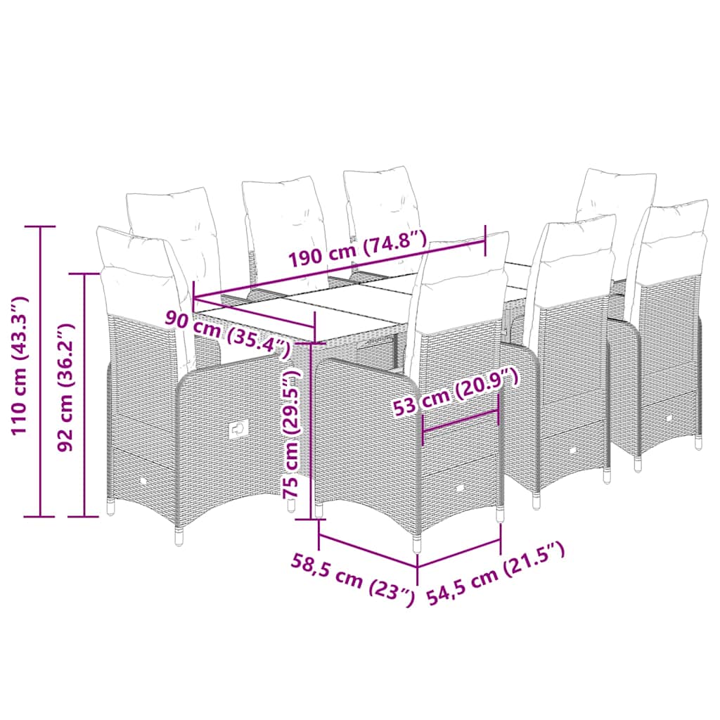 9-tlg. Garten-Bistro-Set mit Kissen Grau Poly Rattan
