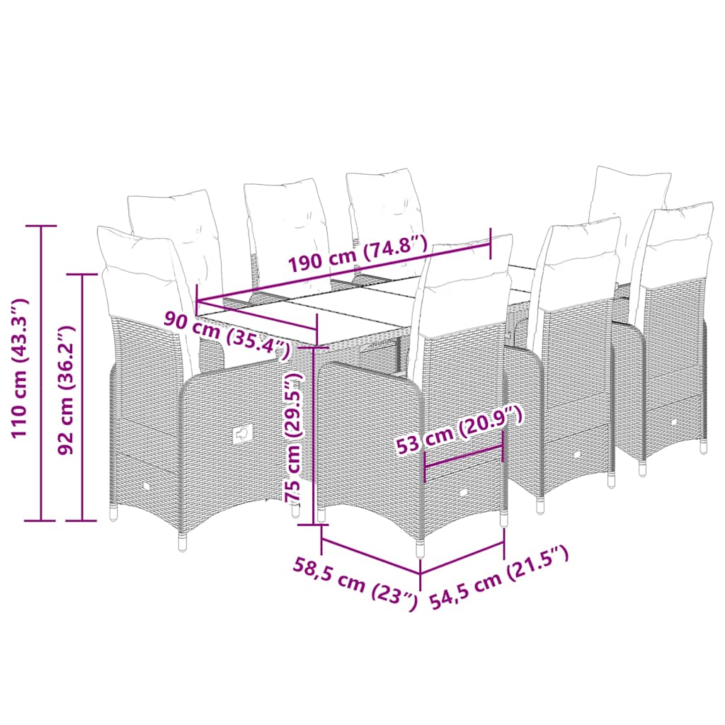9-tlg. Garten-Bistro-Set mit Kissen Grau Poly Rattan