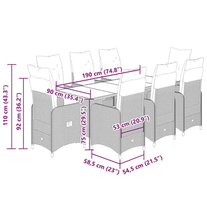 9-tlg. Garten-Bistro-Set mit Kissen Grau Poly Rattan