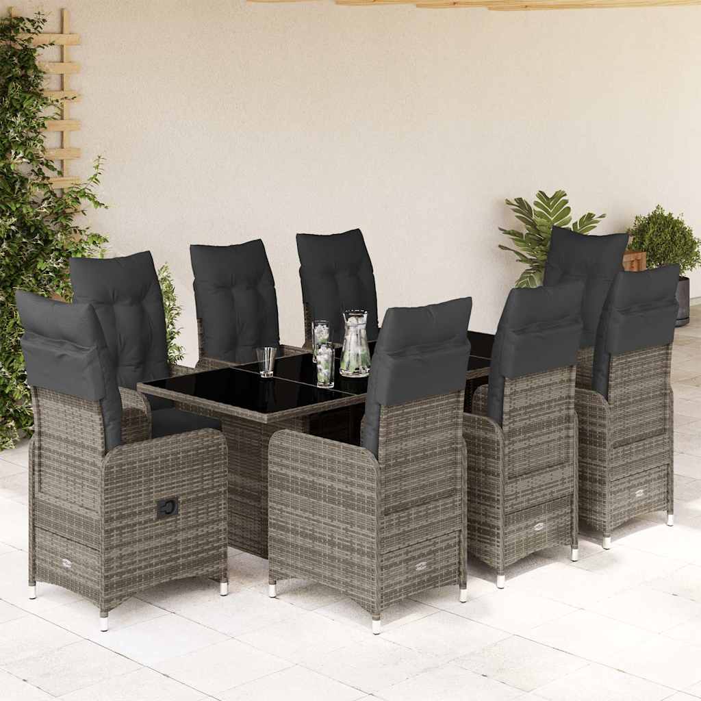 9-tlg. Garten-Bistro-Set mit Kissen Grau Poly Rattan