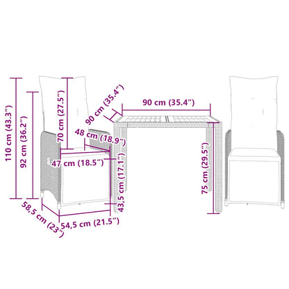 3-tlg. Garten-Bistro-Set mit Kissen Schwarz Poly Rattan
