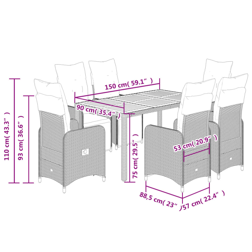 7-tlg. Garten-Bistro-Set mit Kissen Schwarz Poly Rattan