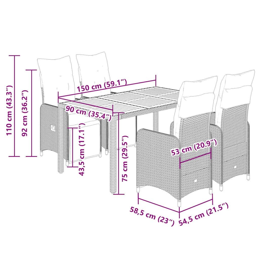 5-tlg. Garten-Bistro-Set mit Kissen Schwarz Poly Rattan