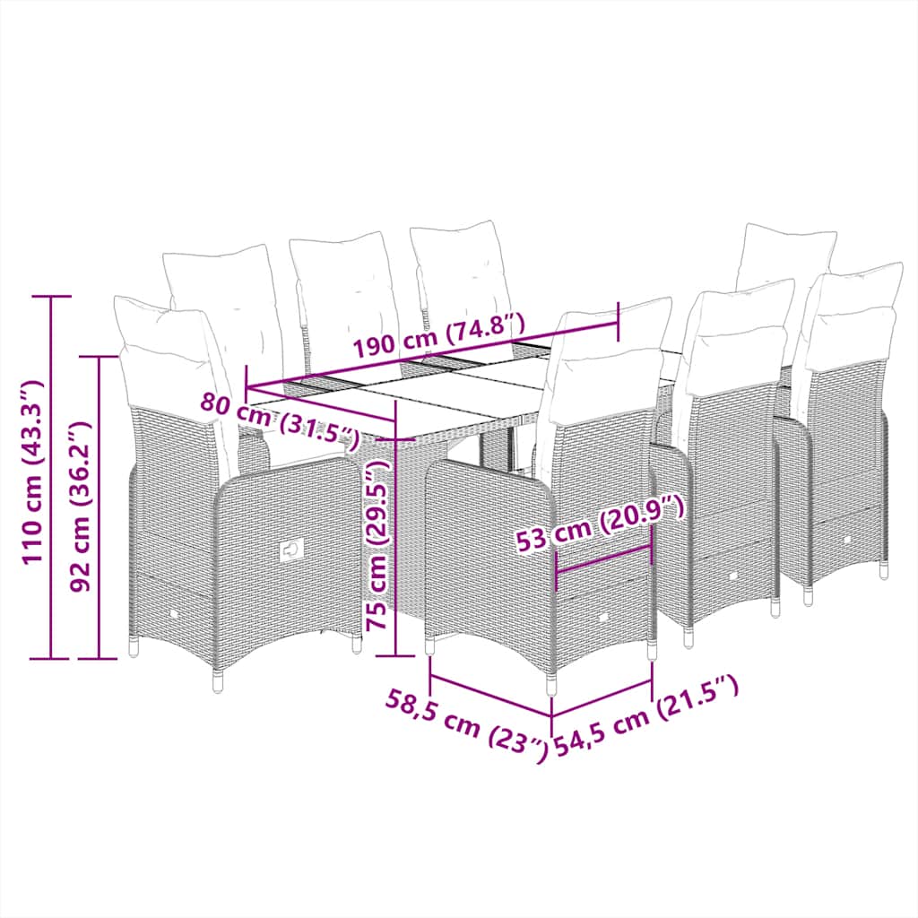 9-tlg. Garten-Bistro-Set mit Kissen Schwarz Poly Rattan