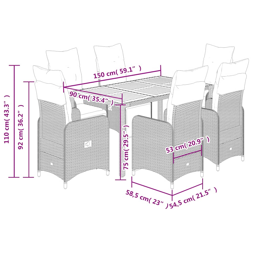 7-tlg. Garten-Bistro-Set mit Kissen Grau Poly Rattan