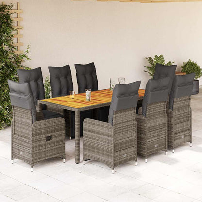 9-tlg. Garten-Bistro-Set mit Kissen Grau Poly Rattan