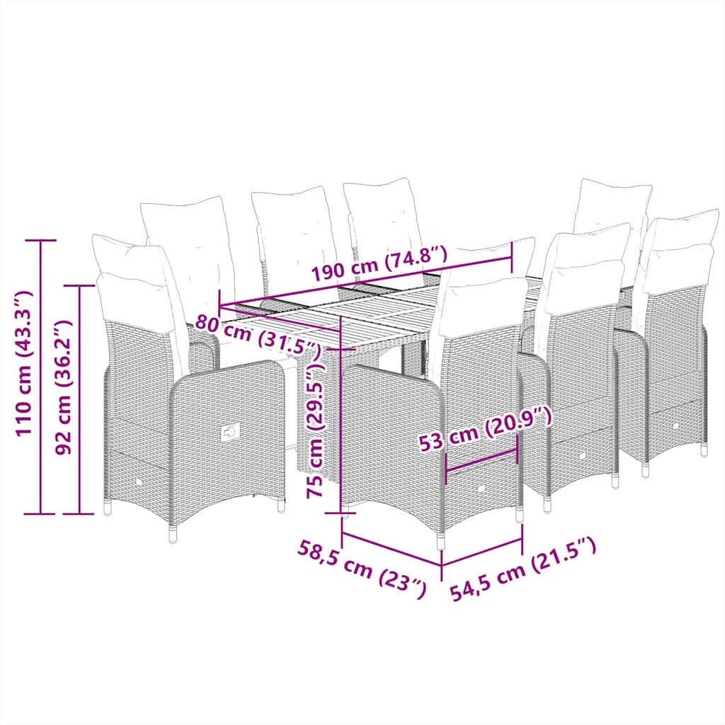 9-tlg. Garten-Bistro-Set mit Kissen Grau Poly Rattan