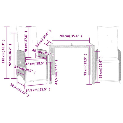 3-tlg. Garten-Bistro-Set mit Kissen Grau Poly Rattan