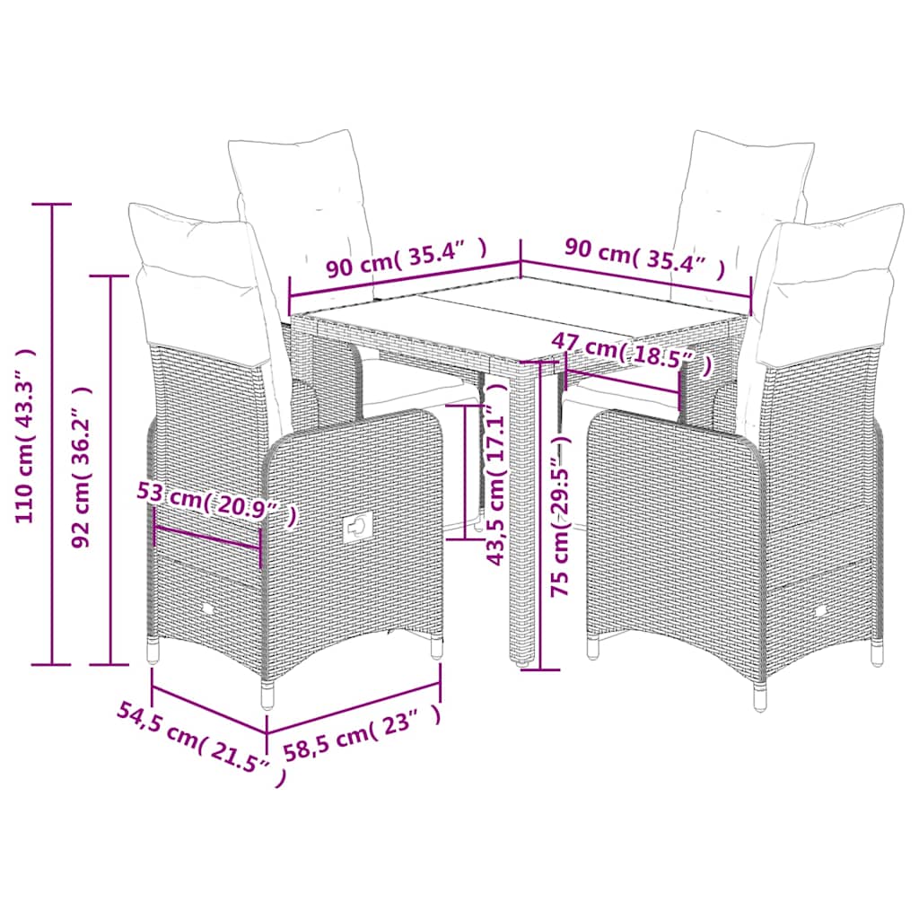 5-tlg. Garten-Bistro-Set mit Kissen Braun Poly Rattan
