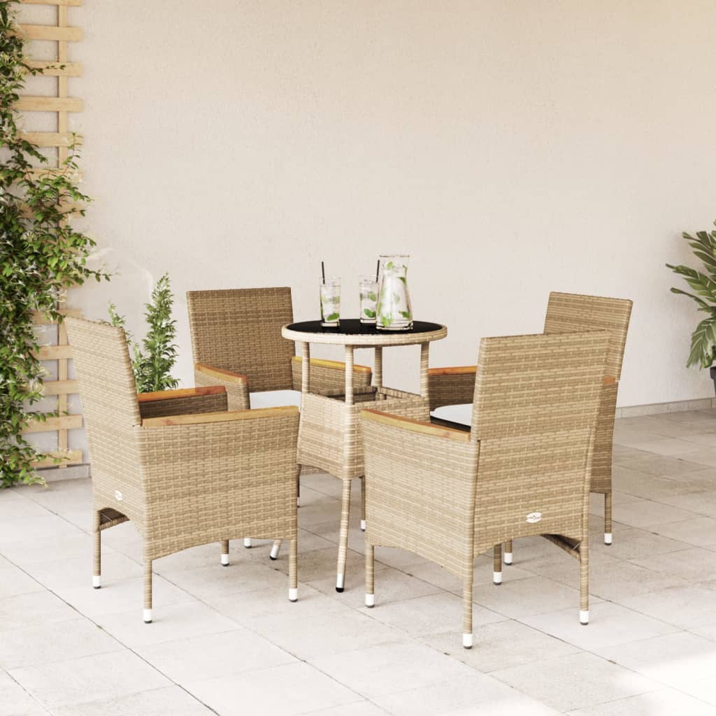 5-tlg. Garten-Essgruppe mit Kissen Beige Poly Rattan und Glas