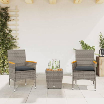 3-tlg. Bistro-Set mit Kissen Grau Poly Rattan und Glas