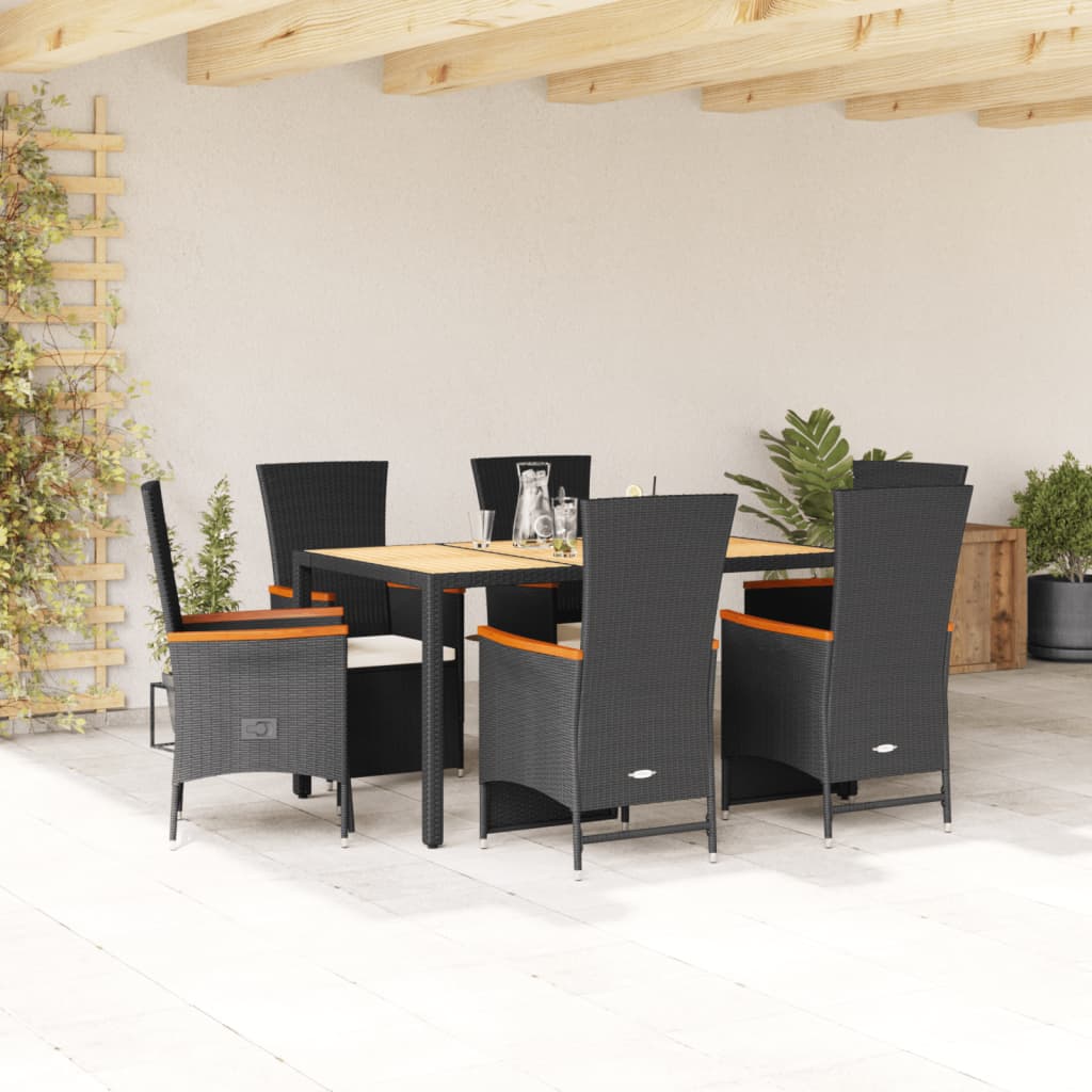 7-tlg. Garten-Essgruppe mit Kissen Schwarz Poly Rattan