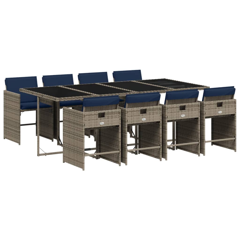 9-teiliges Garten-Ess-Set mit Kissen, grau, Polyrattan