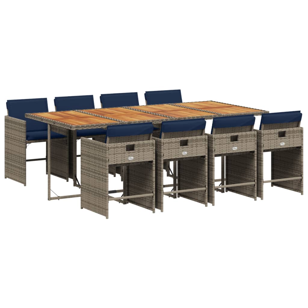 9-teiliges Garten-Ess-Set mit Kissen, grau, Polyrattan