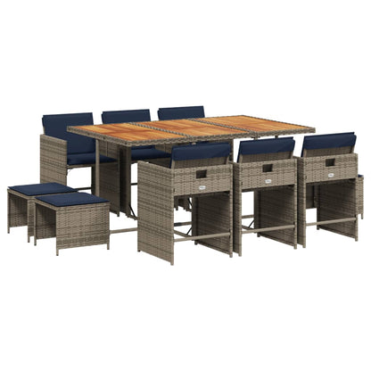 11-teiliges Garten-Ess-Set mit Kissen, grau, Polyrattan