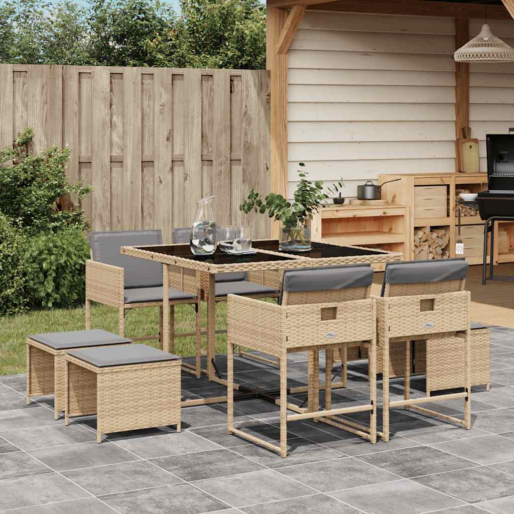 9-tlg. Garten-Essgruppe mit Kissen Beigemischung Poly Rattan