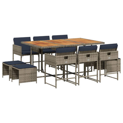 11-teiliges Garten-Ess-Set mit Kissen, grau, Polyrattan