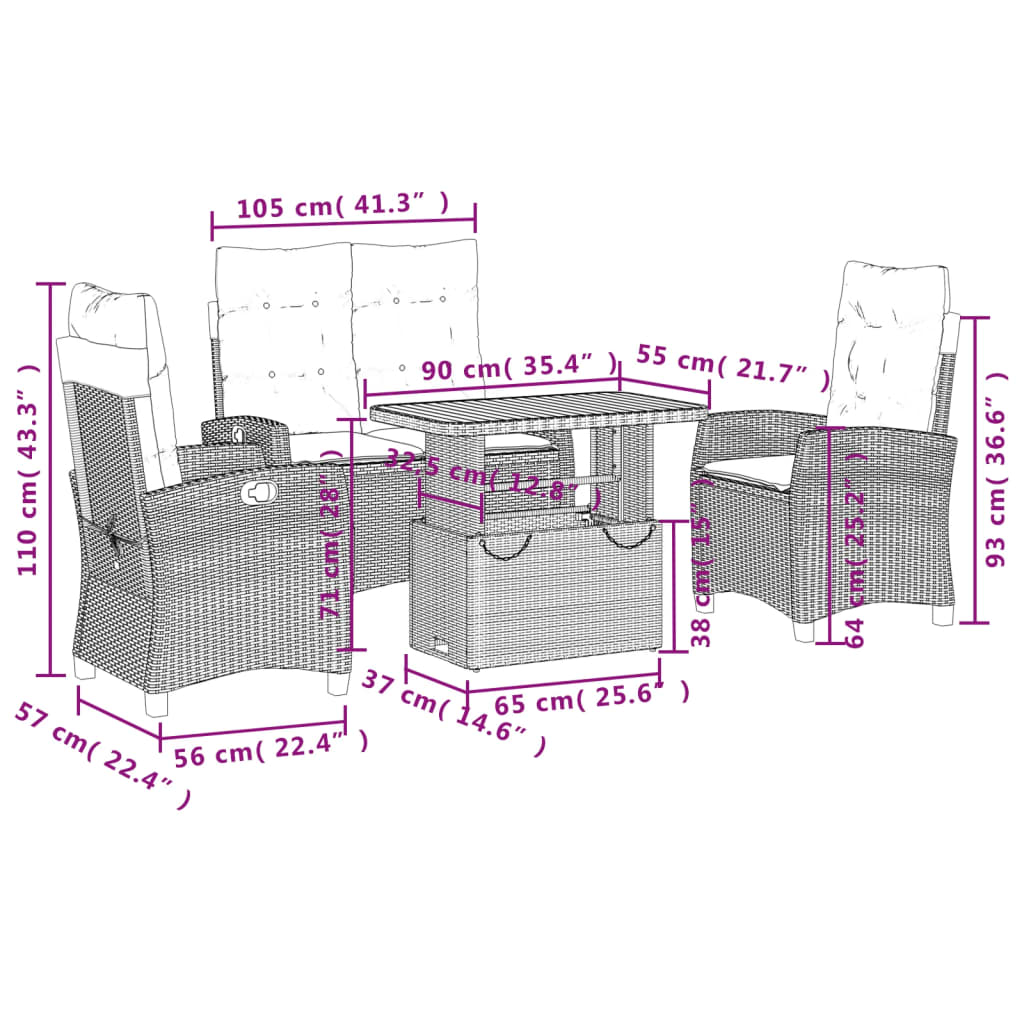4-tlg. Garten-Essgruppe mit Kissen Schwarz Poly Rattan
