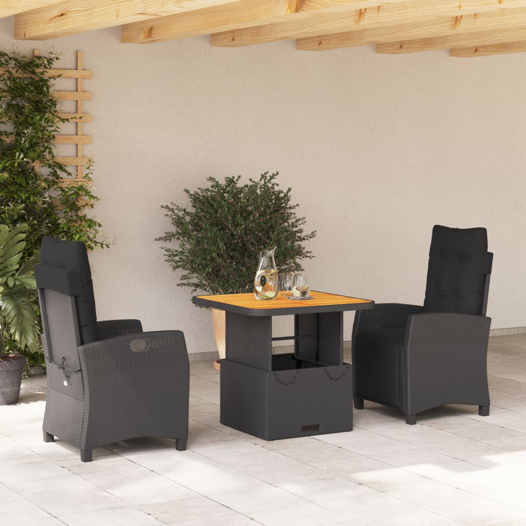 3-tlg. Garten-Essgruppe mit Kissen Schwarz Poly Rattan