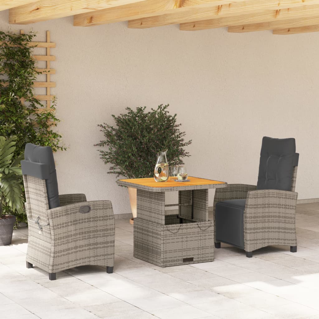 3-tlg. Garten-Essgruppe mit Kissen Grau Poly Rattan