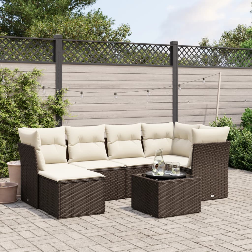 7-tlg. Garten-Sofagarnitur mit Kissen Braun Poly Rattan