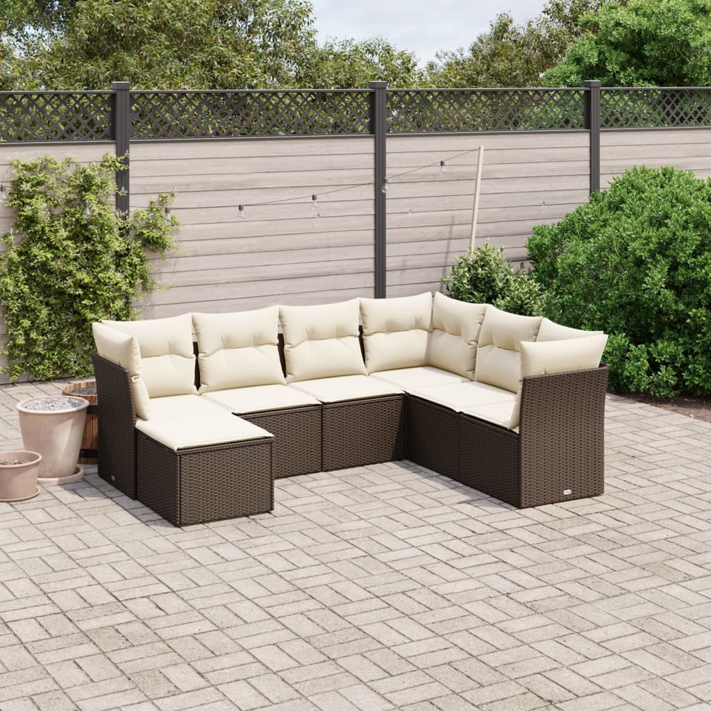 7-tlg. Garten-Sofagarnitur mit Kissen Braun Poly Rattan