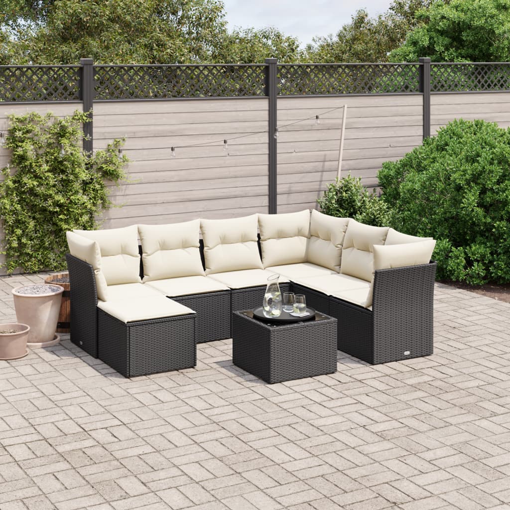 8-tlg. Garten-Sofagarnitur mit Kissen Schwarz Poly Rattan