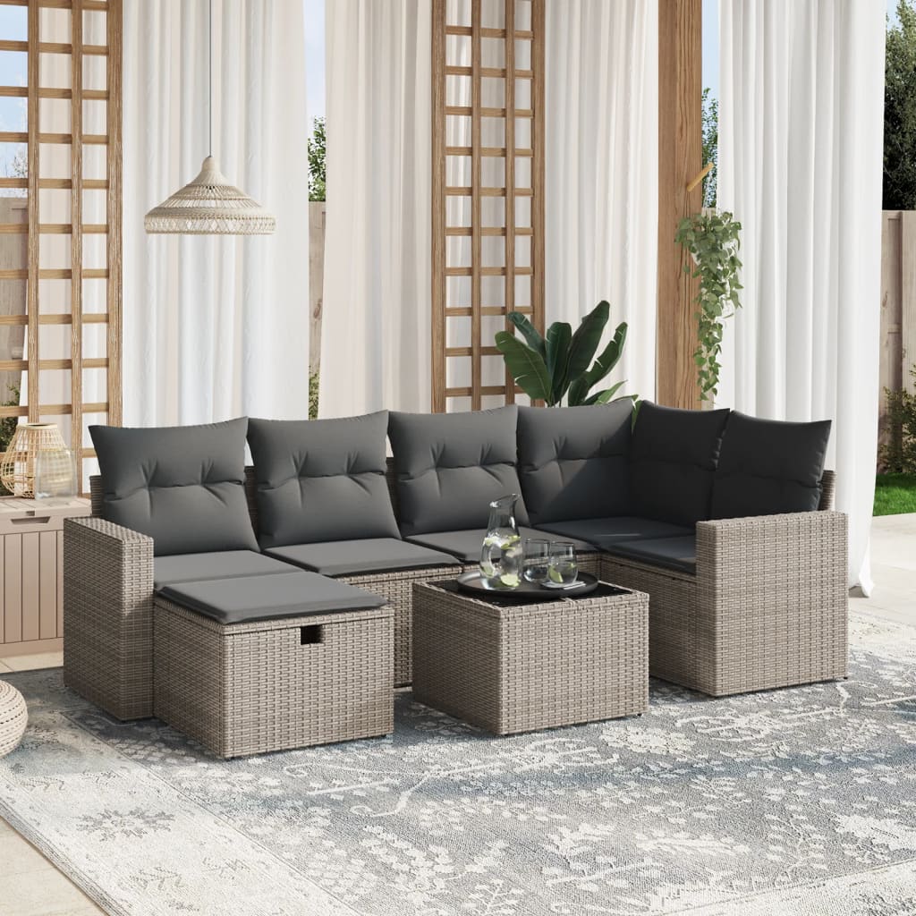 7-tlg. Garten-Sofagarnitur mit Kissen Grau Poly Rattan