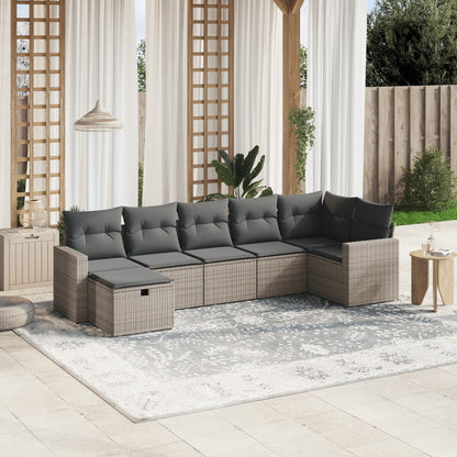 7-tlg. Garten-Sofagarnitur mit Kissen Grau Poly Rattan