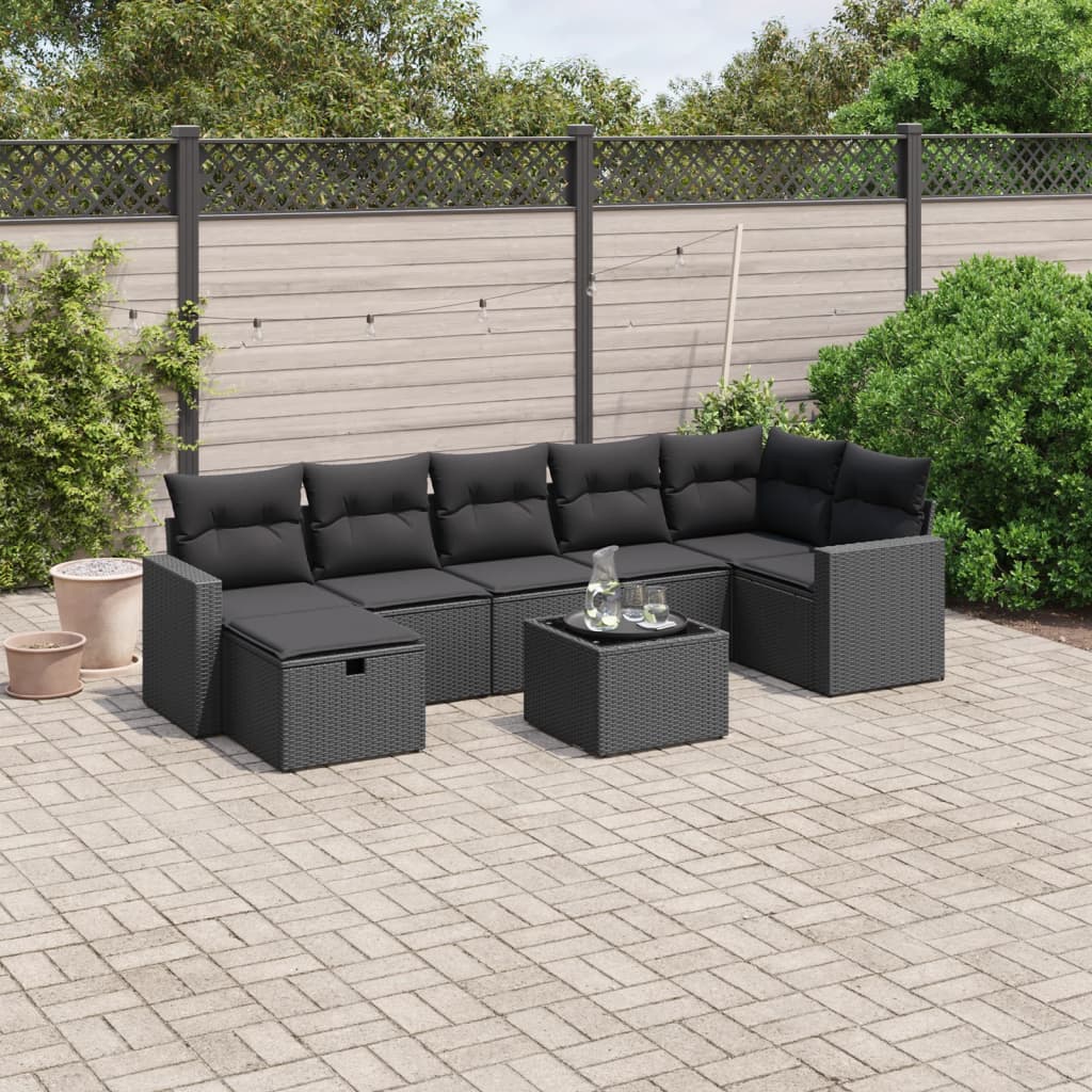 8-tlg. Garten-Sofagarnitur mit Kissen Schwarz Poly Rattan