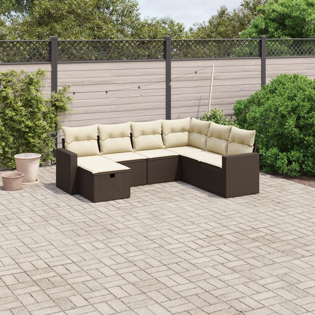 7-tlg. Garten-Sofagarnitur mit Kissen Braun Poly Rattan